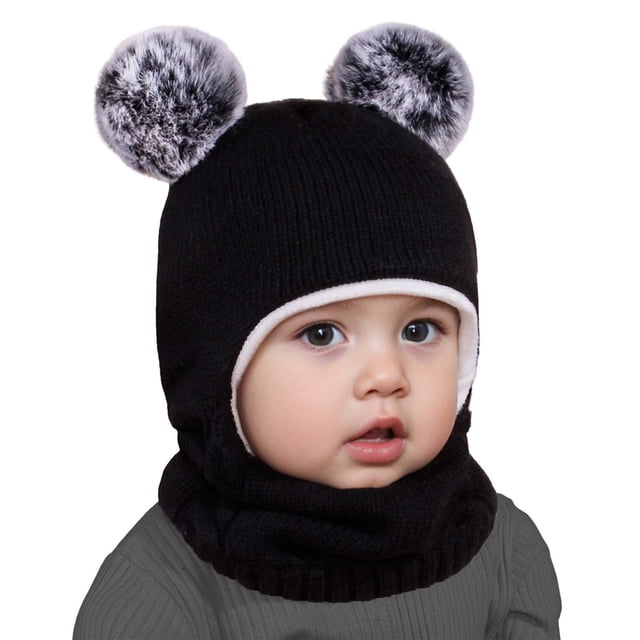 MIASHUI Ensemble Bonnet et Foulard d'Hiver pour Enfants avec Capuche Intégrée Accessoires Temps Froid Noir, Taille Unique