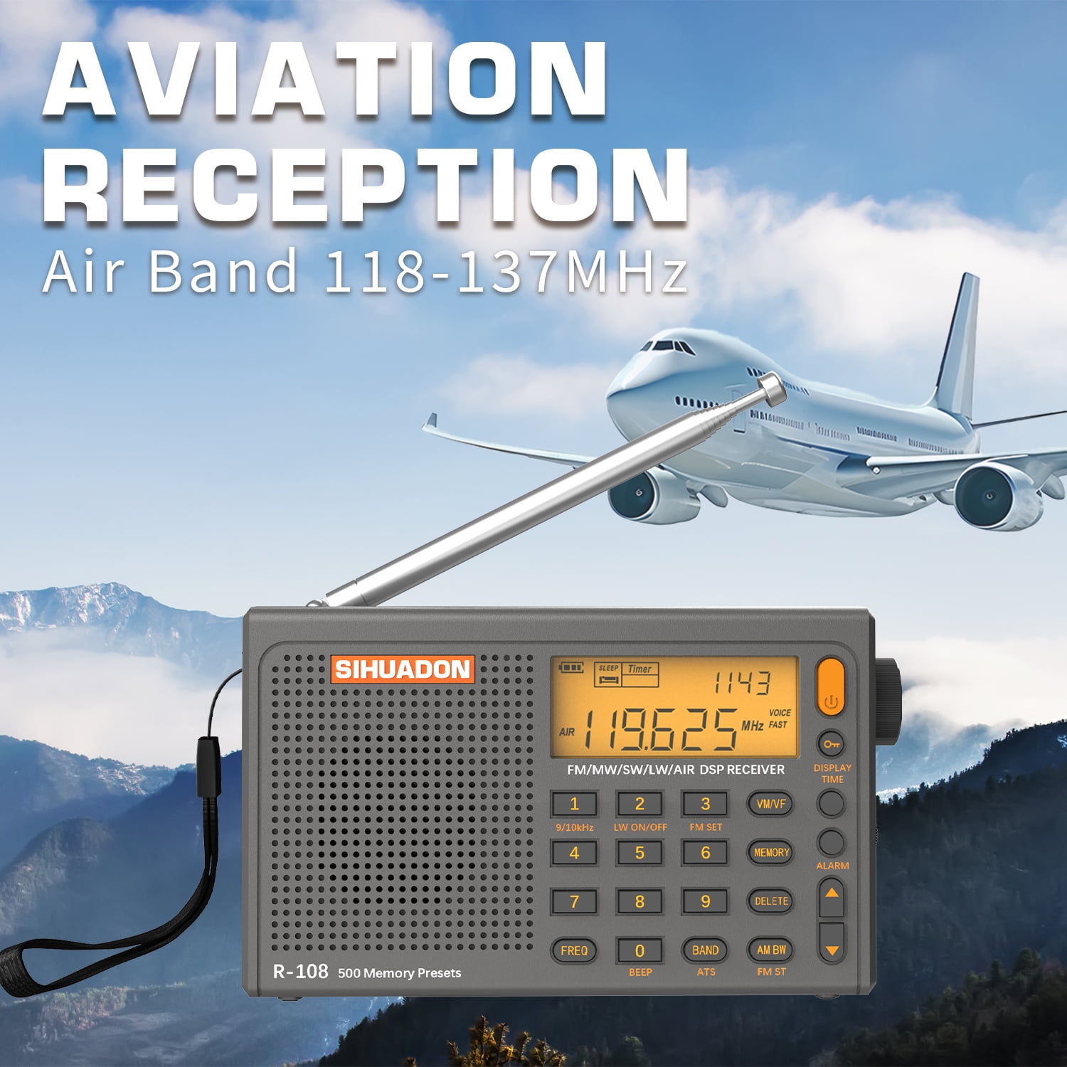 SIHUADON R-108 (Gray) FM Stereo/SW/MW/LW/Airband DSP Portable Digital Shortwave Radio, Easy to operate for Family and Outdoor