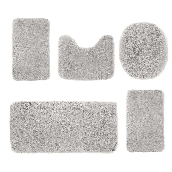 Bathroom Rugs Sets 5 Piece with Lid Cover Bathroom Shower Rugs with U-Shaped Contour Toilet Mat, Gray