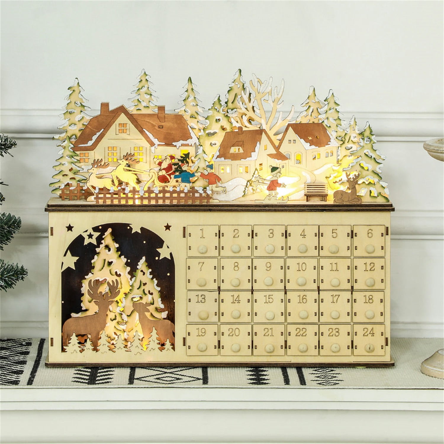 Hommoo Decorations,Christmas Advent Calendar, Light Up Wooden Countdown Calendar with 24 Drawers and LED Lights for Kids and Adults, Battery Operated, Natural