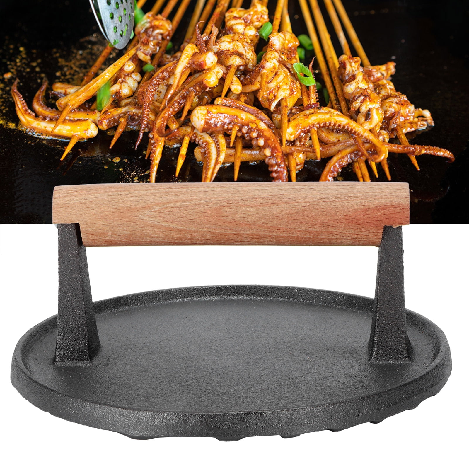 ACOUTO Round BBQ Tool Cast Iron Wooden Handle Steak Press Grill Roast