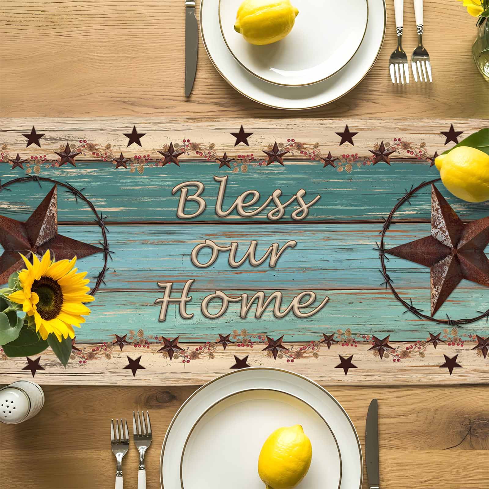 Western Star Farm Vintage Wood Board Table Runner 90 Inches Long, Bless Home Quote Table Runners Tabletop Scarf Kitchen Dining Tables Decoration for Home Party Indoor Outdoor