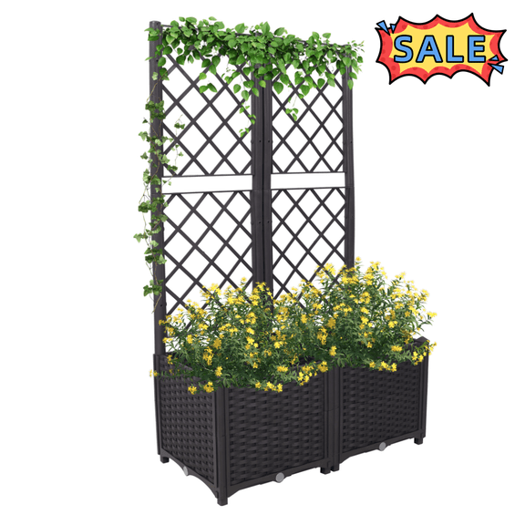 Tcbosik Raised Garden Bed with Trellis, Planter Box with Drainage Plug & 2 Removable Pots for Climbing Plants, Vegetables and Vines, Outdoor Decoration, Black