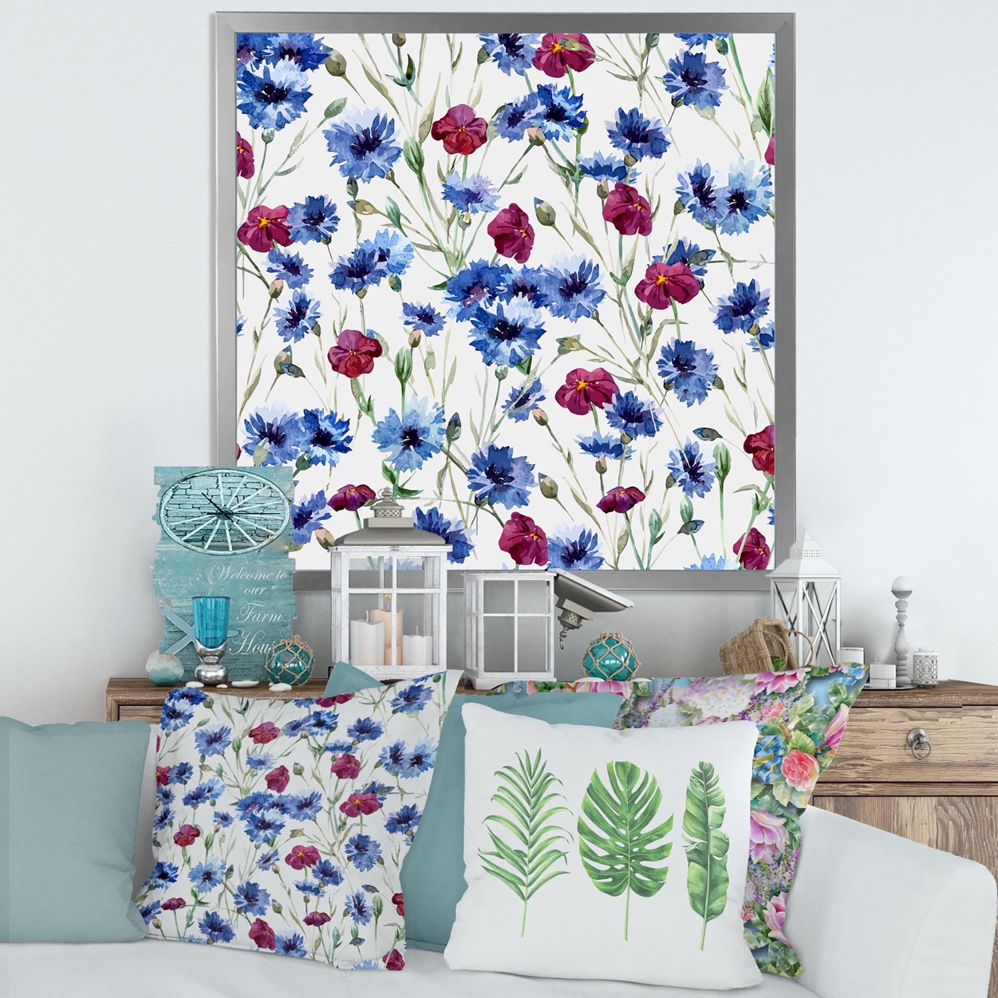 Designart 'Red and Blue Wildflowers' Traditional Framed Art Print