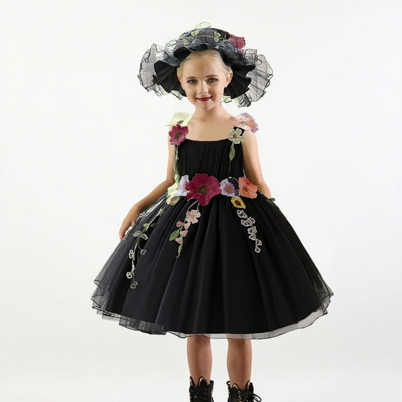 miqiaikids Black Girls Dress Floral Princess Dresses Elegant Sleeveless Party Gown,Sizes 3-10Y