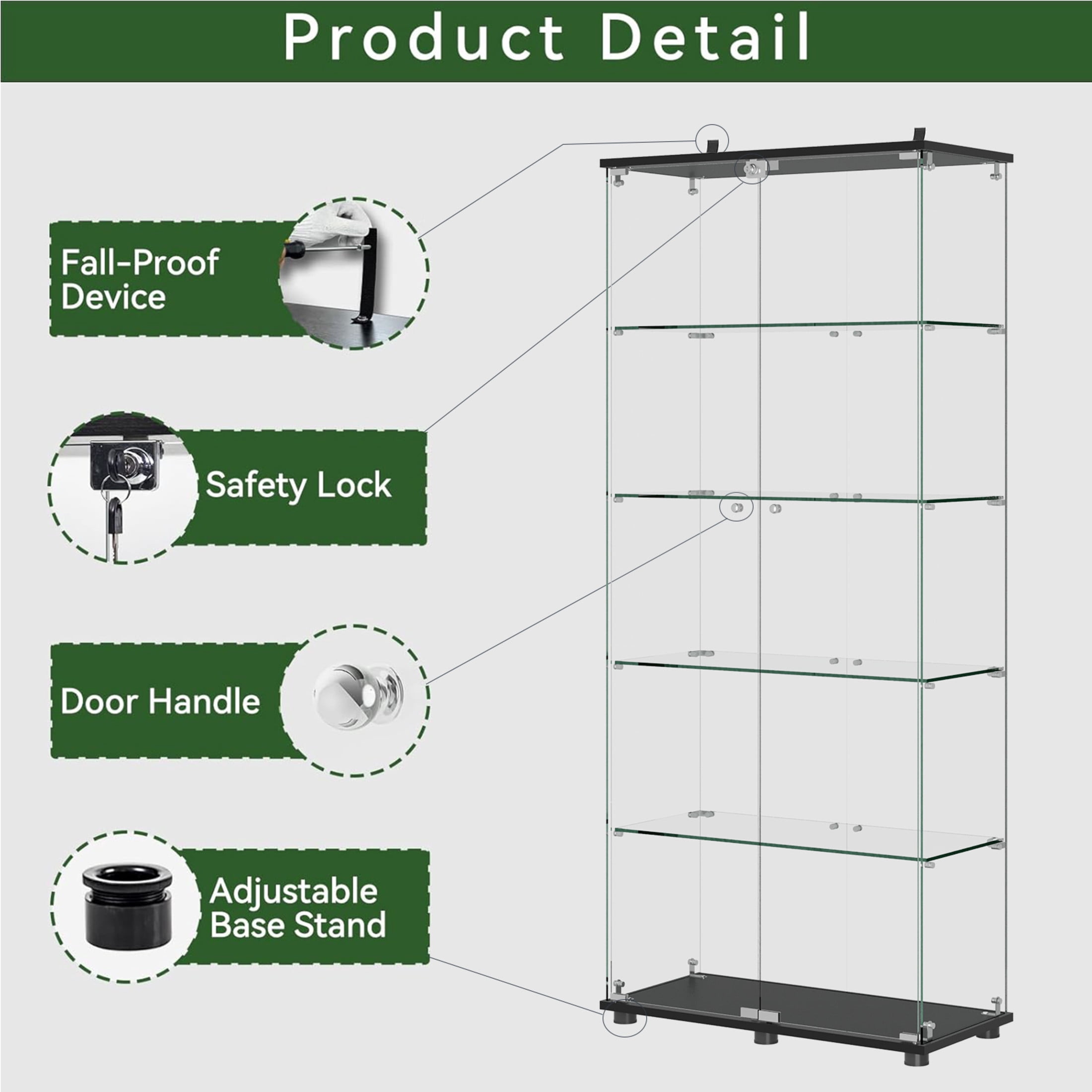 Noble House Floor Standing Display Cabinet with Locking Double Doors, 5-Shelf Tempered Glass Curio Cabinet, Black