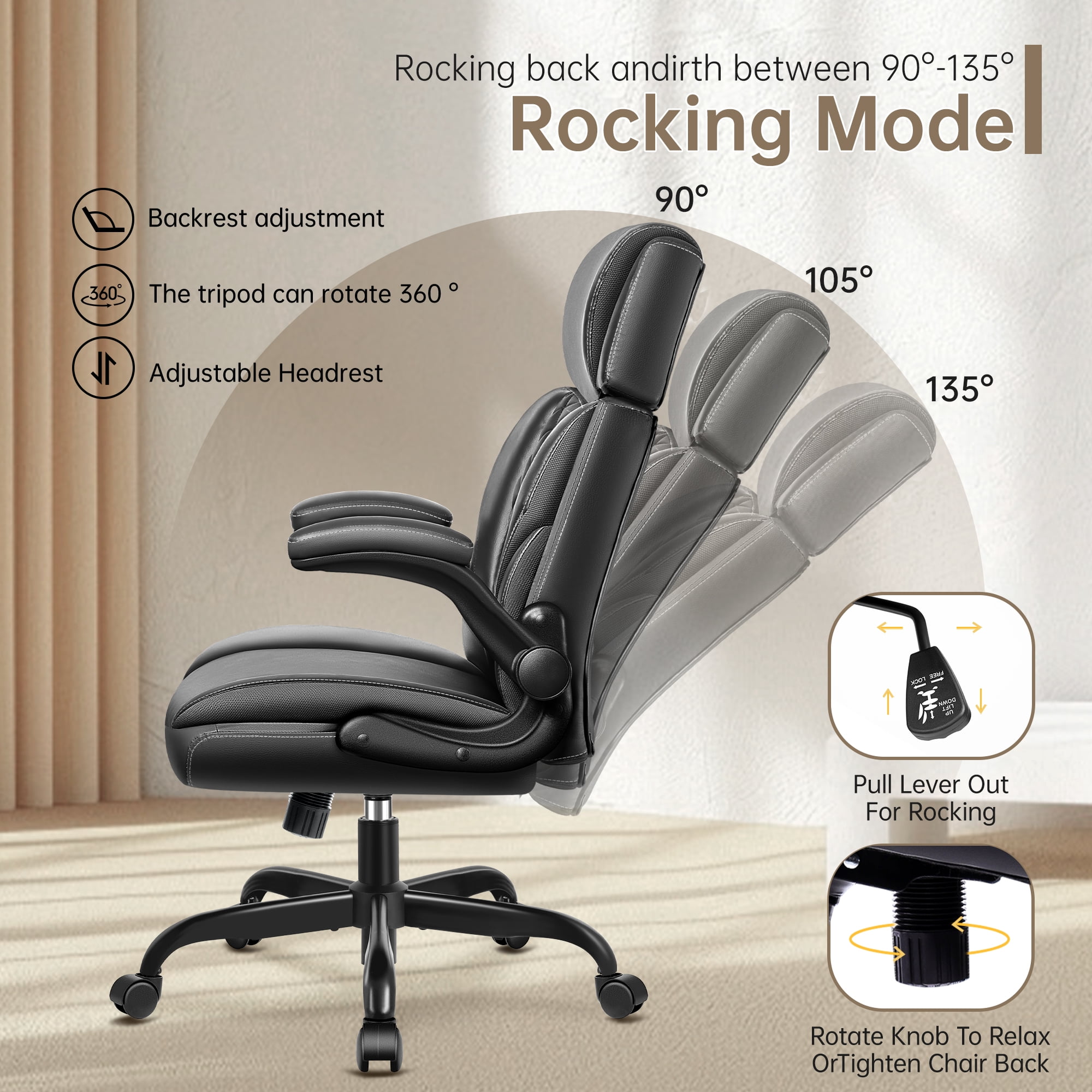 FASTES Big and Tall Ergonomic Office Chair - Black Leather Computer Desk Chair, Reclining High Back Ergonomic Chair with Adjustable Headrest & Lumbar Support