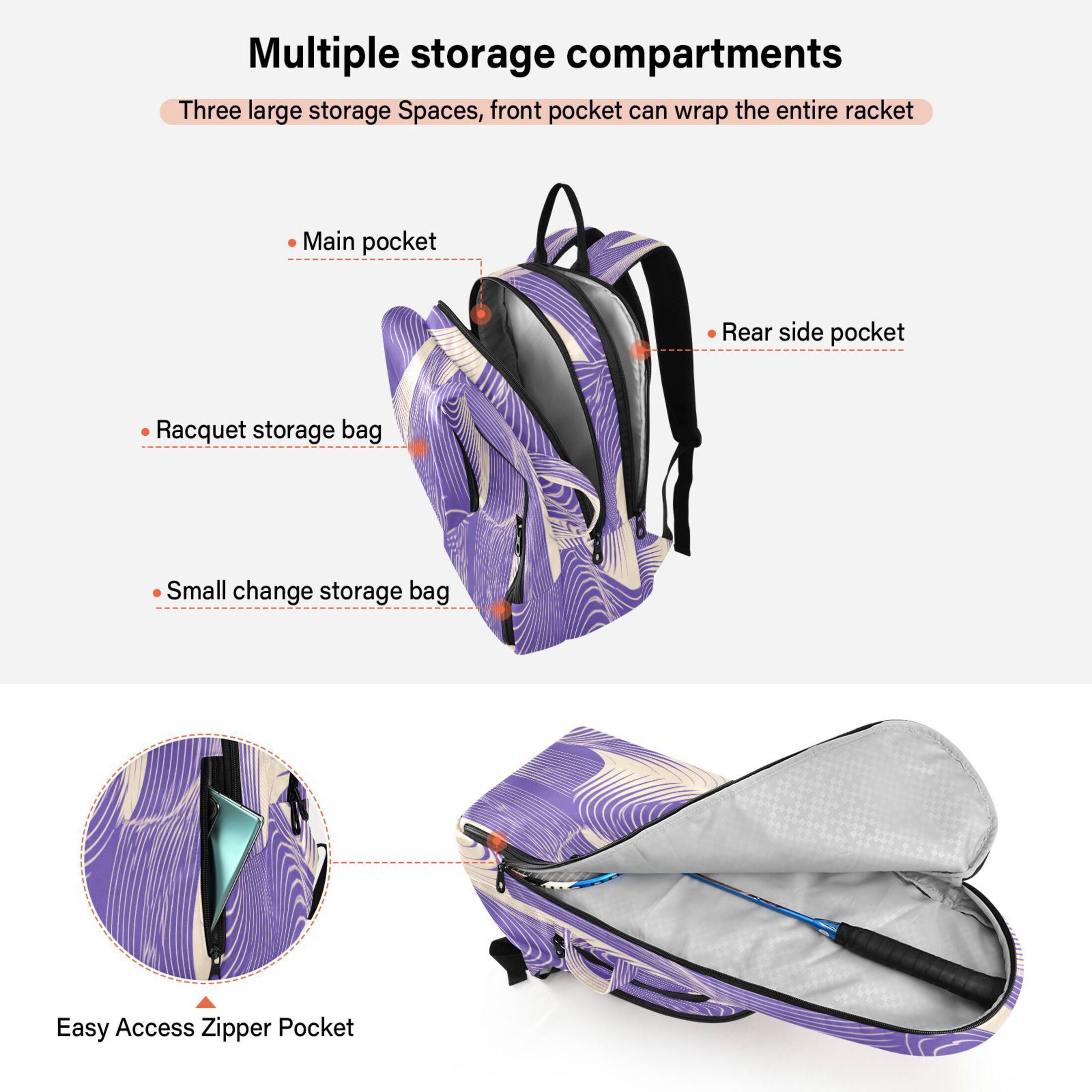 2 Racquet Holder Tennis Backpack Tennis Racket Covers Gym Bags Purple Chaotic Lines
