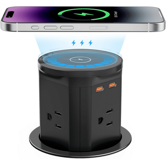 Pop Up Outlet for Kitchen Countertop with 15W Wireless Charger, 20W USB C Fast Charging & 4 AC Outlet, 3 3/8" Hole Desk Charging Station Pop Out Outlet for Office, Conference, Kitchen Use