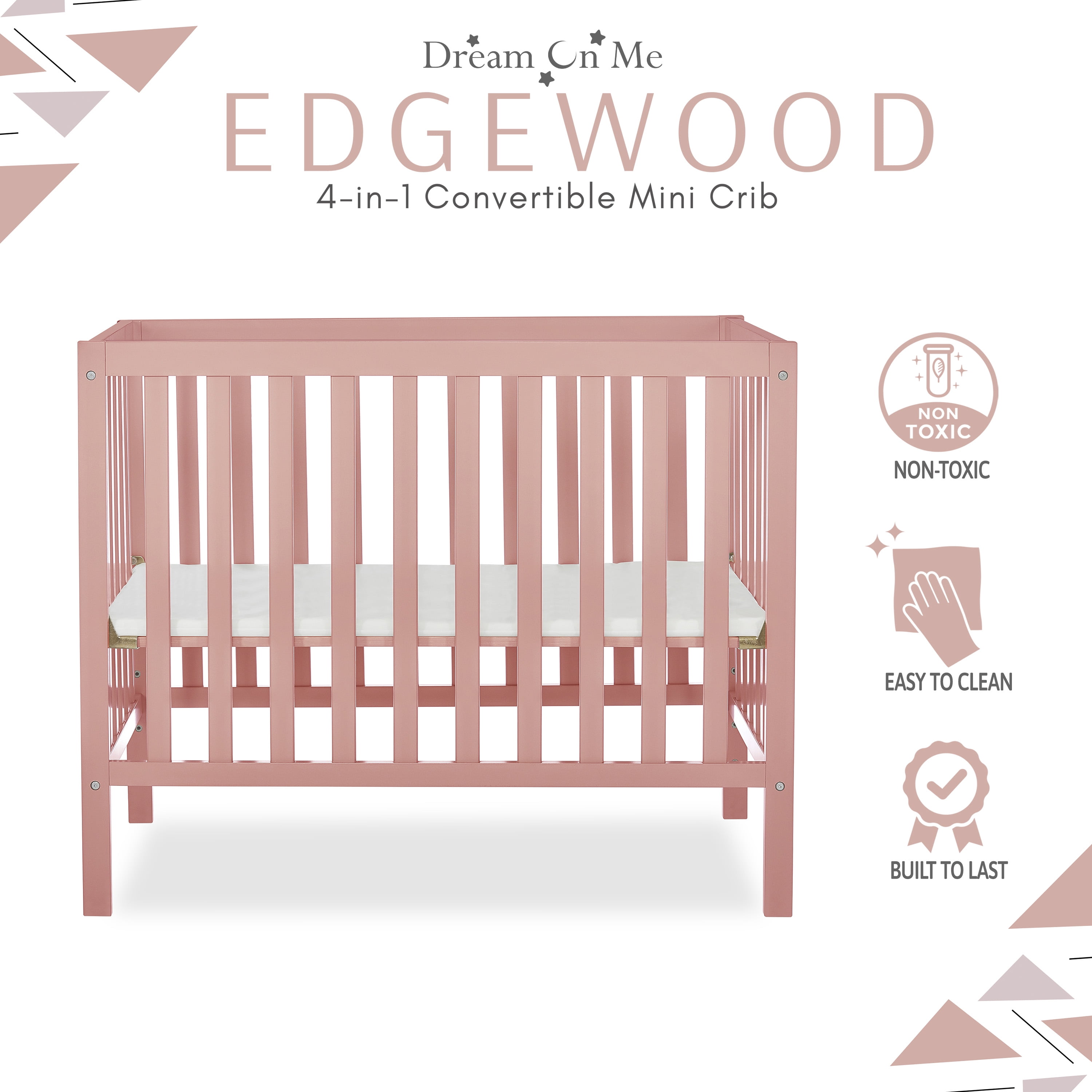 Dream On Me Edgewood 4 in 1 Convertible Mini Crib in Pink