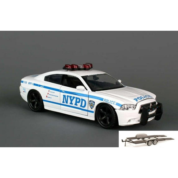 Diecast Car & Trailer Package - NYPD Dodge Charger, White - Daron NY71693 -1/24 Scale Model Toy Car w/Trailer