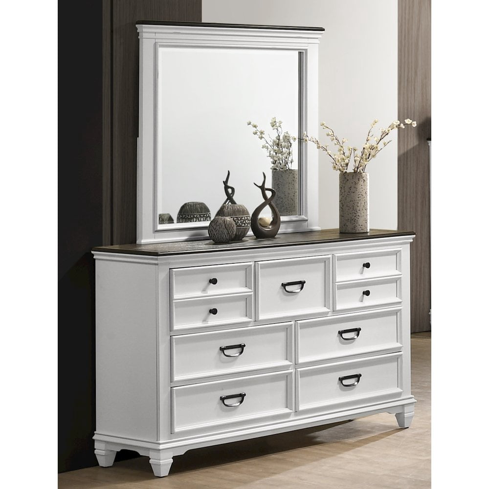 Roundhill Furniture Clelane Wood 7-Drawer Dresser with Mirror, Weathered White and Gray