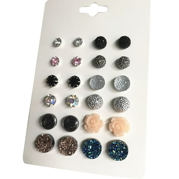 Ayyufe 12 Pairs Ear Studs Simple Wear-resistant Women Round Rhinestone Flower Earrings Set for Party