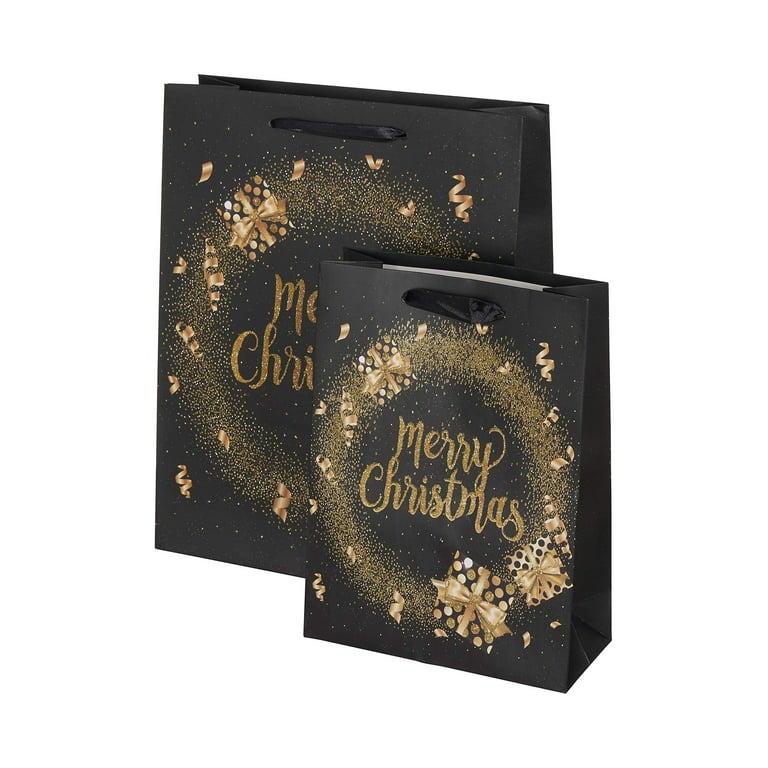 Funrous Gold Black Christmas Bags with Tissue Paper Xmas Black and Gold  Gift Bags Metallic Gold Black Goody Treat Bags with Handles for Christmas