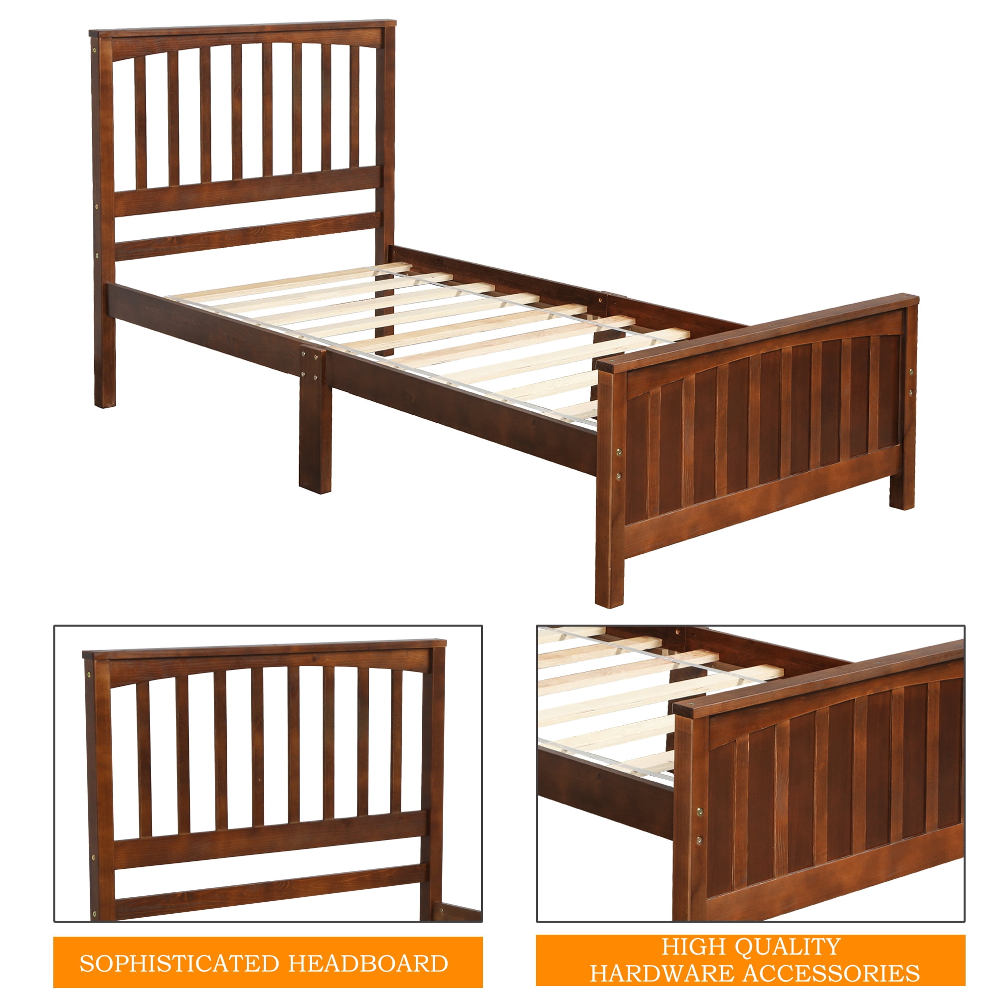 Kepooman Twin Size Classic Bedroom Wooden Bed Frame Platform with Headboard & Footboard, Walnut Kepooman Twin Size Classic Bedroom Wooden Bed Frame Platform with Headboard & Footboard, Walnut