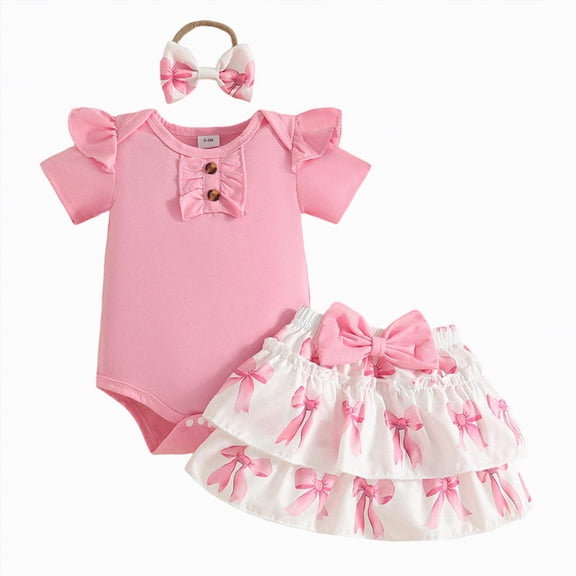 Leey-World Baby Girl Summer Outfits Newborn Ribbed Knit Romper Skirt Set Infant Ruffle Bodysuit Toddler Dress Summer Clothes(Pink,6-9 Months)