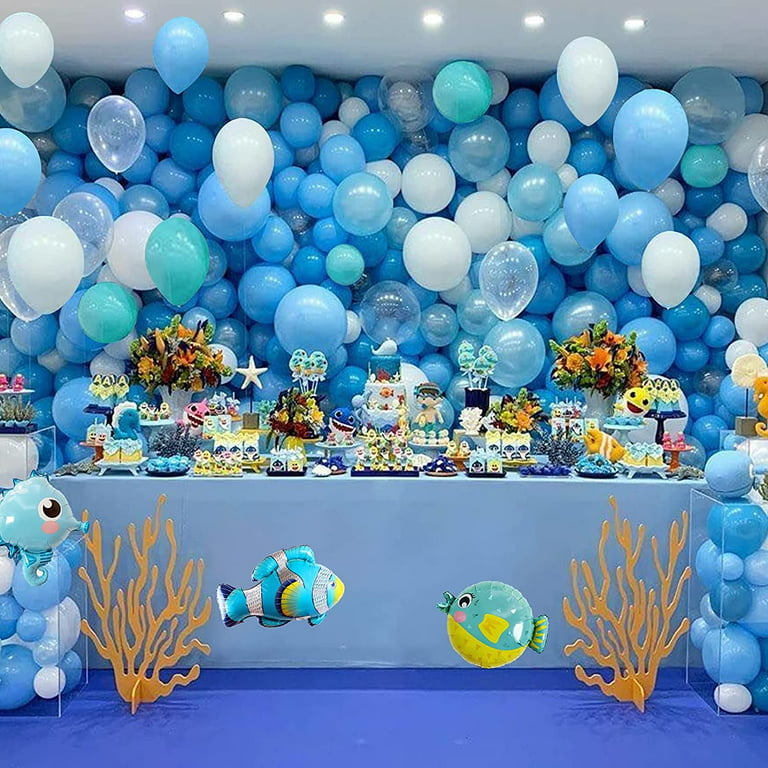 GEEKEO Under the Sea Ocean Theme Shark and Fish Birthday Party Decorations  for Boys, Marine Life Blue Balloons Arch Set with Banner, Marine Animals