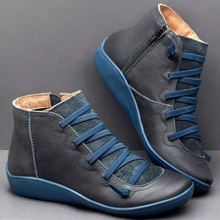 

Egmy Women Casual Flat Leather Retro Lace-Up Boots Side Zipper Plus Shoe Boots