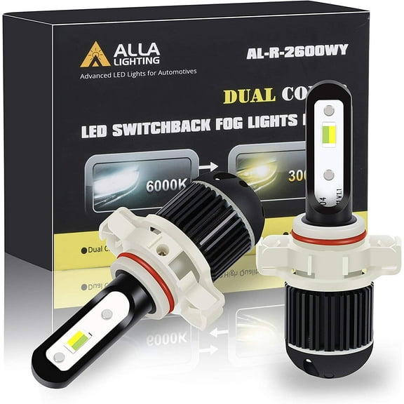 ALLA Lighting PS19W 5201 5202 Switchback LED Fog Lights Bulbs Super Bright 5200 Lumens Replacement PS24WFF 12085 12086, Dual Color 6000K Xenon White / 3000K Amber Yellow