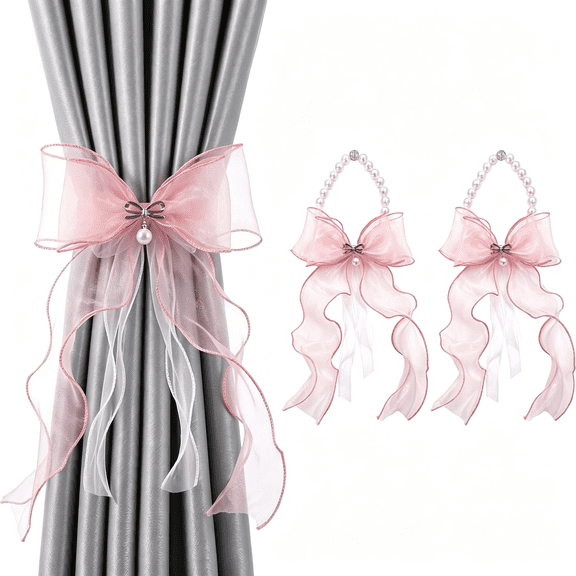TUWAFE Pearl Bow Magnetic Curtain Tiebacks for Home Decor, Pink, 2 Pack | Thick & Thin Curtain Holder, Adjustable Elastic Cord, Living Room Bedroom Decor