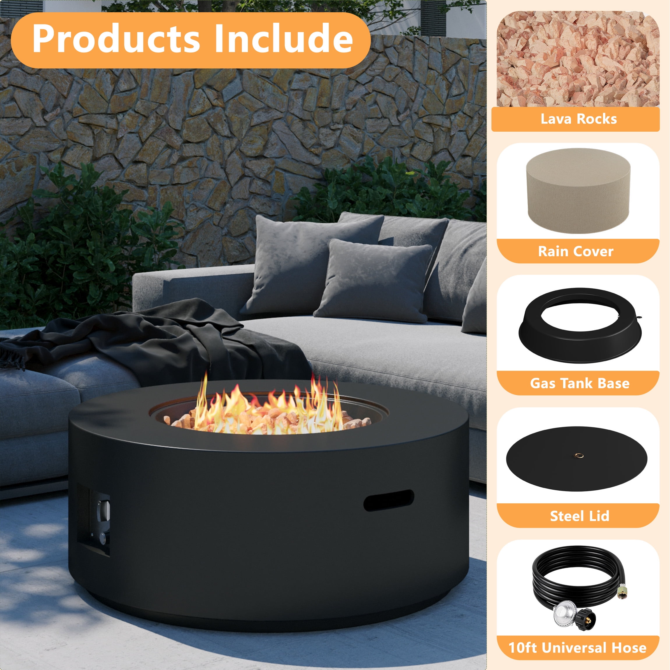 Wakeyard 32.5 inch Round Propane Fire Pit Table, 50000 BTU, Includes Lava Rock,Black
