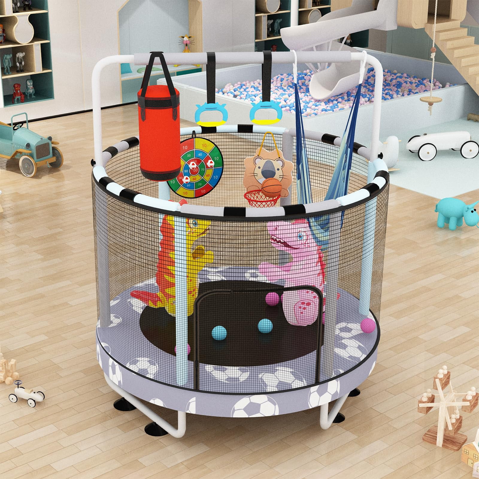 Baxluxe 55" 7-in-1 Upgraded Kids Trampoline, Reinforced Safe Design with Adjustable Height & Net, 500lbs Capacity Indoor and Outdoor Mini Trampoline for Boys & Girls Ages 3-8, Gray Soccer