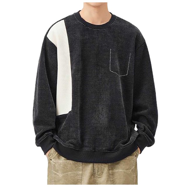 Ediodpoh Chandail-Over Homme Automne/hiver Patchwork Bicolore Col Rond Ample Design Poche Poitrine Décontractée Chandail à Capuche Mode Hommes Gris m