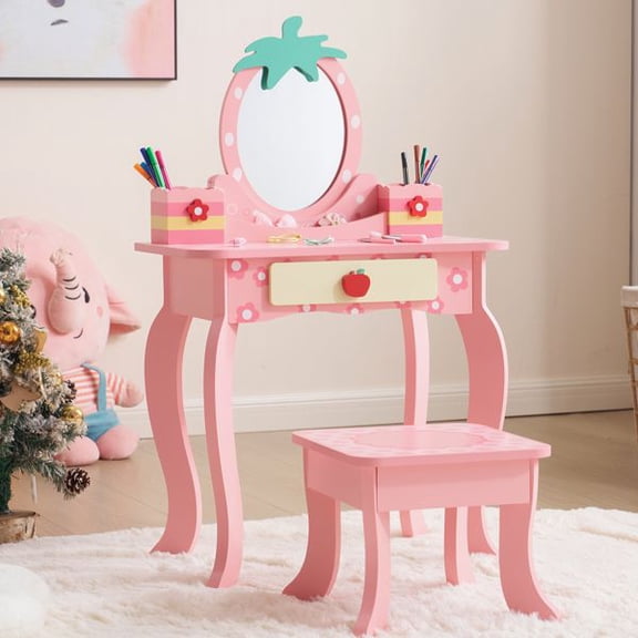Kids Vanity Table Set with Drawer & Storage Compartments, Pink Dressing Table with Apple Design, MDF Wooden Makeup Desk for Children, Compact Organizer for Bedroom & Playroom