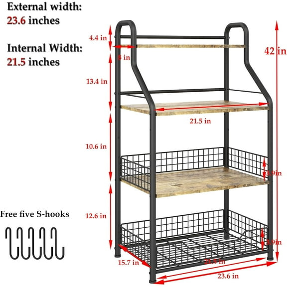 Microwave Stand with Storage 4-Tier, Bakers Racks for Kitchens, Coffee Microwave Cart with Storage, Metal Bakers Rack with Storage, Coffee Cart with 5 S-Hooks