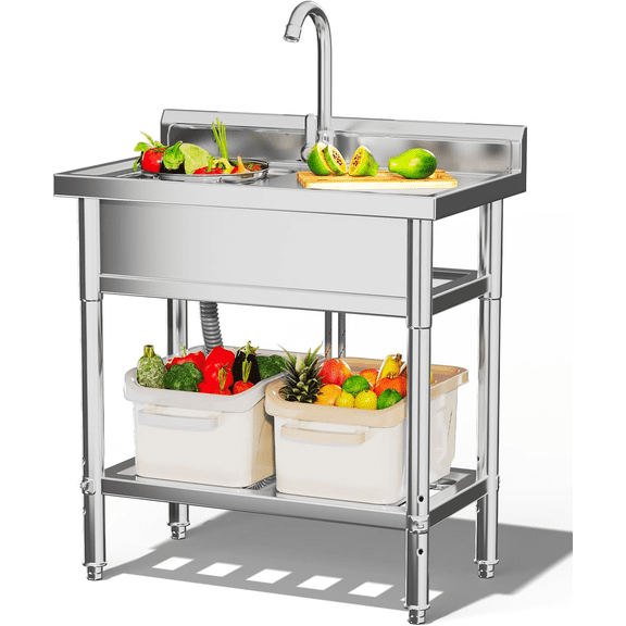 AECOJOY Stainless Steel Utility Sink,Freestanding Single Bowl Laundry Sink with Shelf Board,Outdoor Sink with Hose Hookup for Restaurant, Laundry Room, Garage, Commercial Kitchen