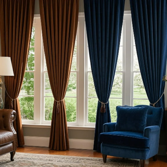 SMILETIME Brown & Navy Blue Back Tab Curtains, 4 Panels Set Rod Pocket & Pinch Pleat Design Light-Filtering & Thermal Insulation Ideal for Living Room, Bedroom & Office Windows