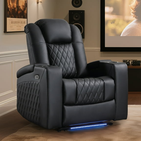 Ebello Power Recliner Chair, Faux Leather Electric Reclining Chair with LED Light Strip, USB Port, Cup Holders & Hidden Storage, Oversized Headrest for Home Theater, Black