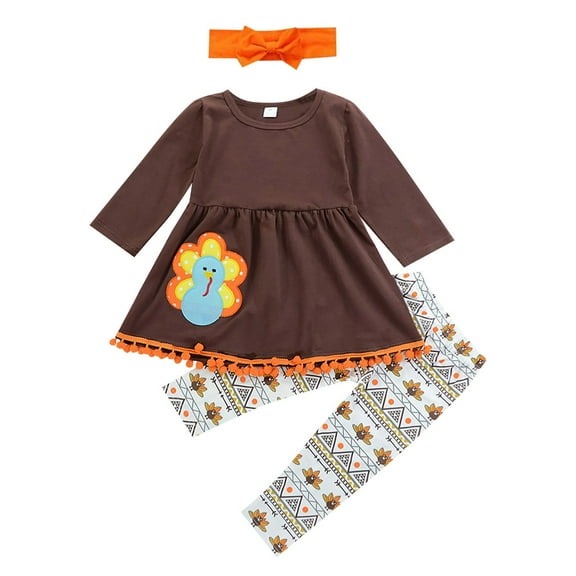 Mercatoo Baby Girls Outfits Toddler Thanksgiving Day Girls Long Sleeve Cartoon Turkey Dress Shirt Ethnic Printed Bottom Sets