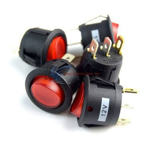 12 Volt Round 3 Prong Red LED Rocker Switch Car SPST Toggle Switch 12V 5 Pack