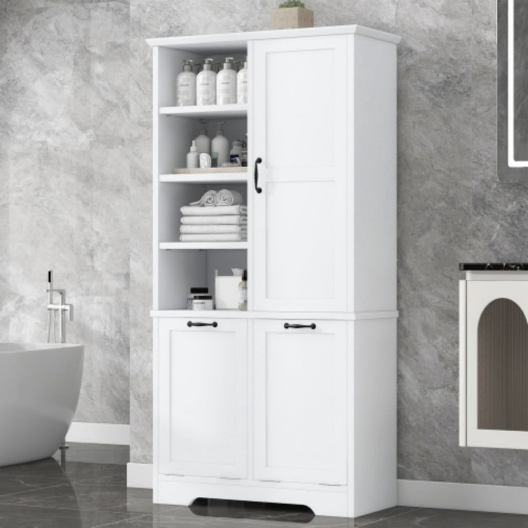 Bathroom Storage Cabinet with Doors and Drawers, Tall Laundry Hamper Cabinet with 2 Tilt-Out Baskets, Adjustable Shelves, Open Storage, White