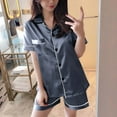 thumbnail image 2 of Odeerbi Ice Silk Pajama Sets for Women Short Sleeve Soft Satin Sleepwear 2 Piece Loungewear Summer Breathable Silk Pajamas Set Blue, 2 of 6