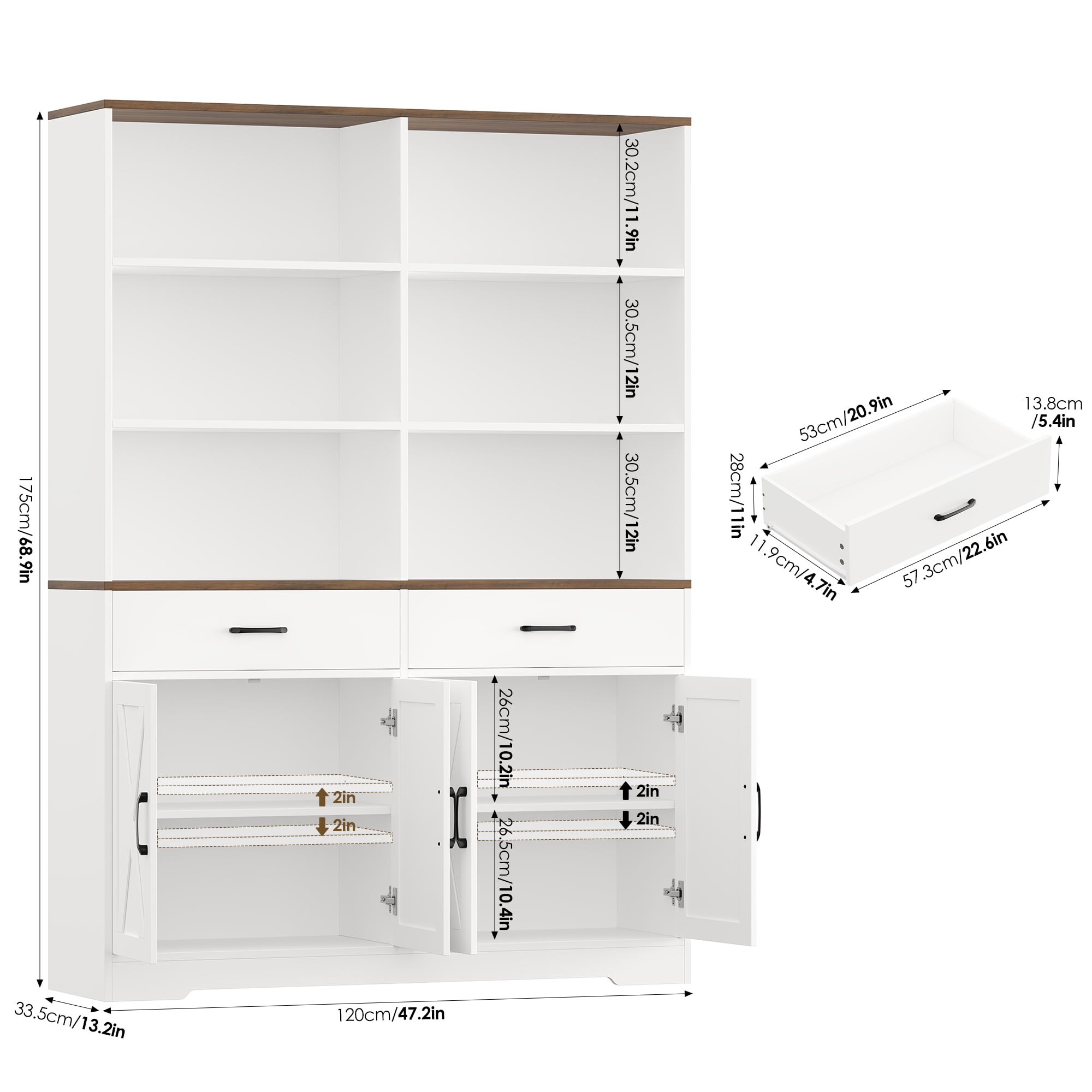 Homfa 69'' White Bookshelf with Drawers, 6-Tier 6 Cubes Display Bookshelf, 4 Doors Double Row Bookcase with Adjustable Shelves for Living Room Home Office