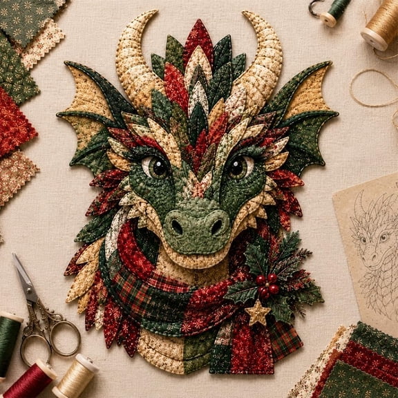Dragon Patchwork DIY Kit, Fabric Sewing Craft Set for Beginner | Mystical Animal Wall Decor, Handmade Quilted Art Project, Woodland Fantasy Gift for Adults, Fairy Enchanted,A