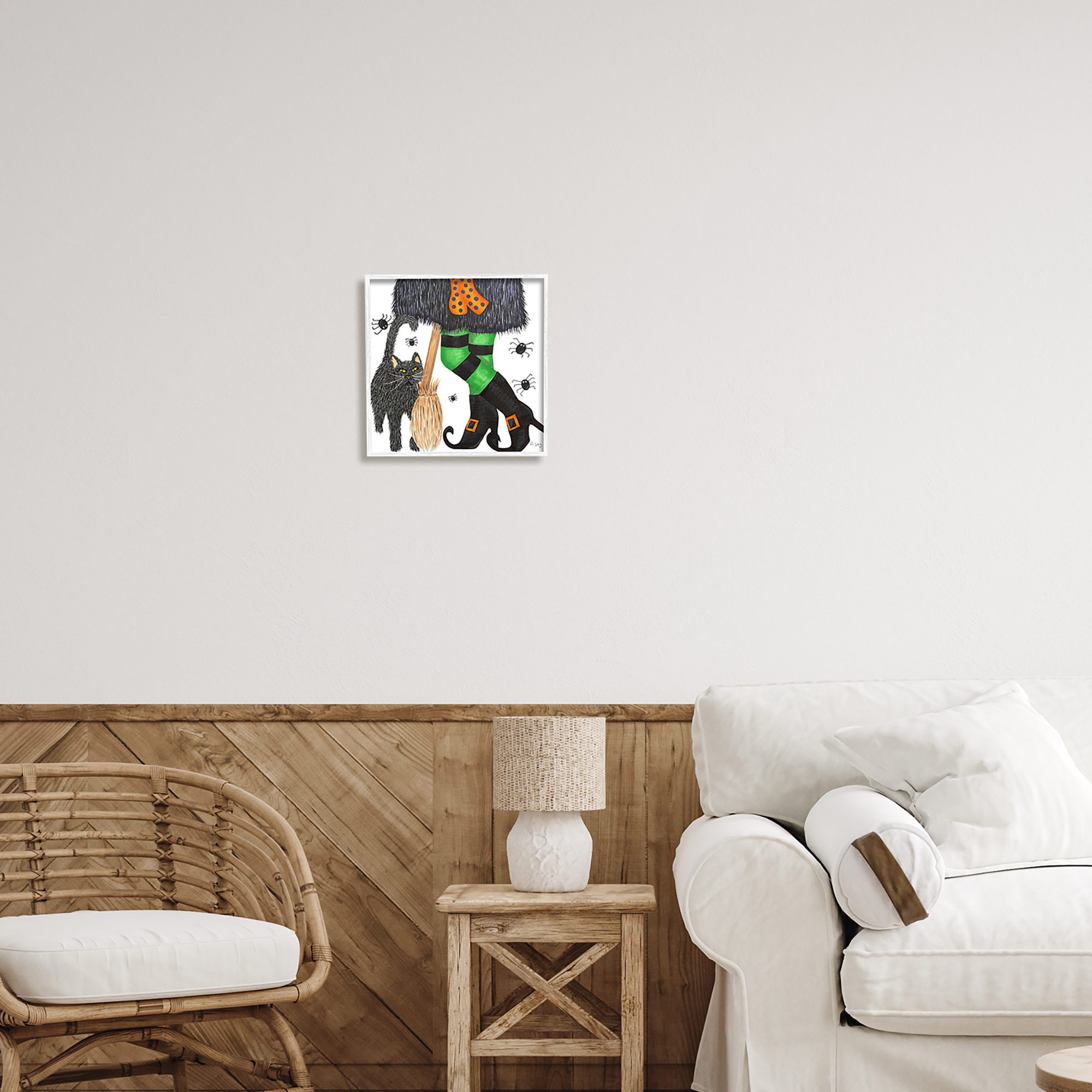 Stupell Industries Witch Broom Halloween Black Cat Holiday Painting White Framed Art Print Wall Art