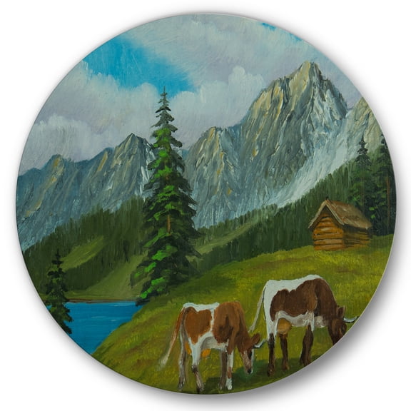 Designart 'Cows On A Green Meadow With Mountain Landscape With ' Farmhouse Circle Metal Wall Art 36x36 - Disc of 36