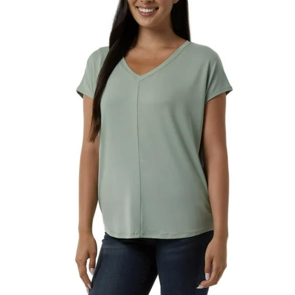 32 Degrees Cool Women's Soft Luxe Short Sleeve V-Neck Top (US, Alpha, Medium, Regular, Regular, Green Bay (Green))