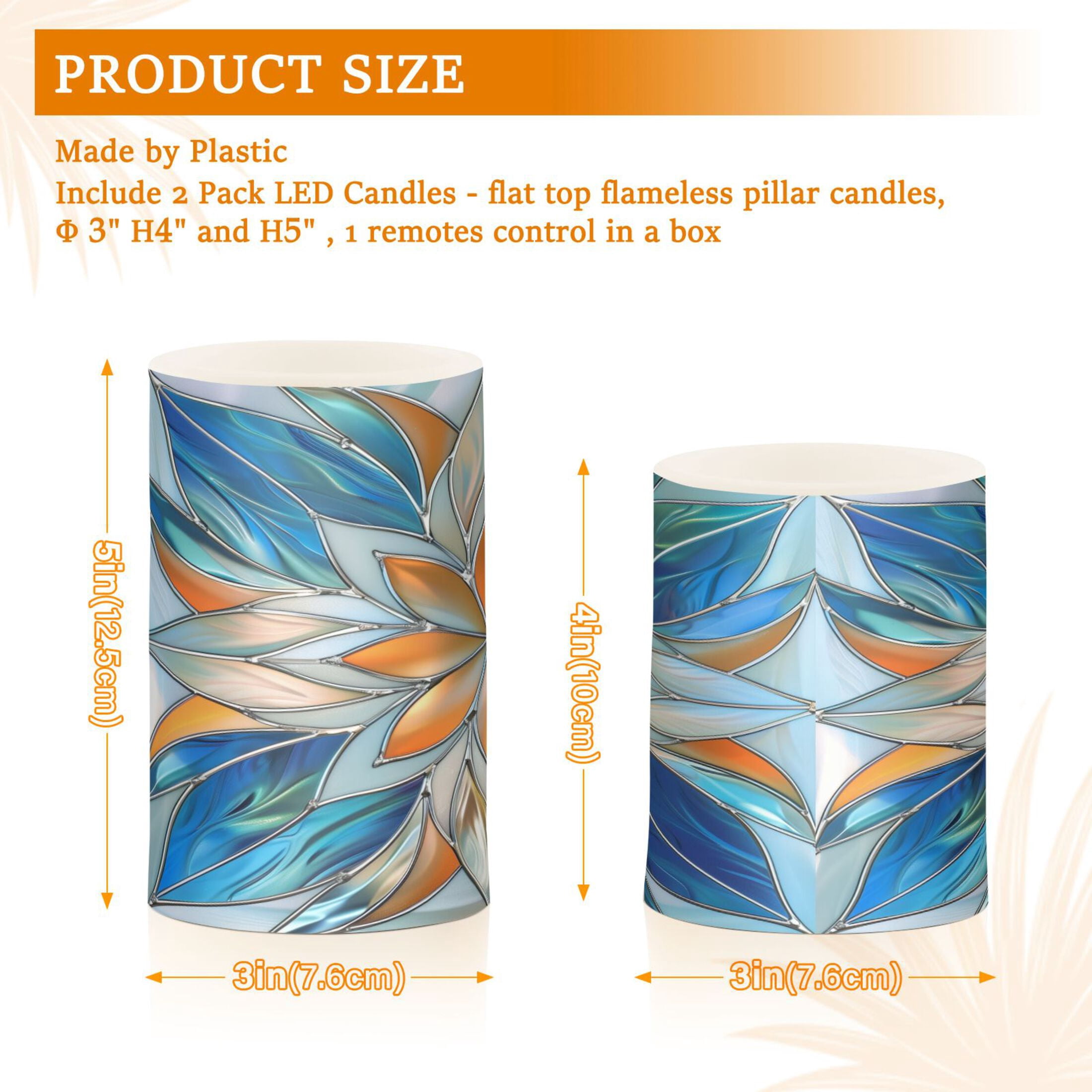 Flickering Flameless LED Candles set of 2 Battery Operated 18-Key Remotes Timer Halloween Fall Decor Orange Blue Floral Stained Glass D3''xH4''5''