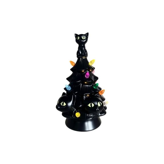 Yashow Elite Halloween Decoration Ornament, Light Up Black Cat Resin Tree Table Centerpieces, 9.83 Inch Spooky Home Decor Accessories for Desk, Mantel, and Shelf Display