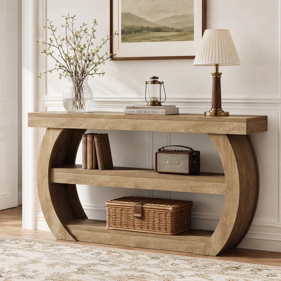 Fnova 63" Console Table, 3-Tier Farmhouse Wood Entryway Table for Living Room, Hallway, Brown