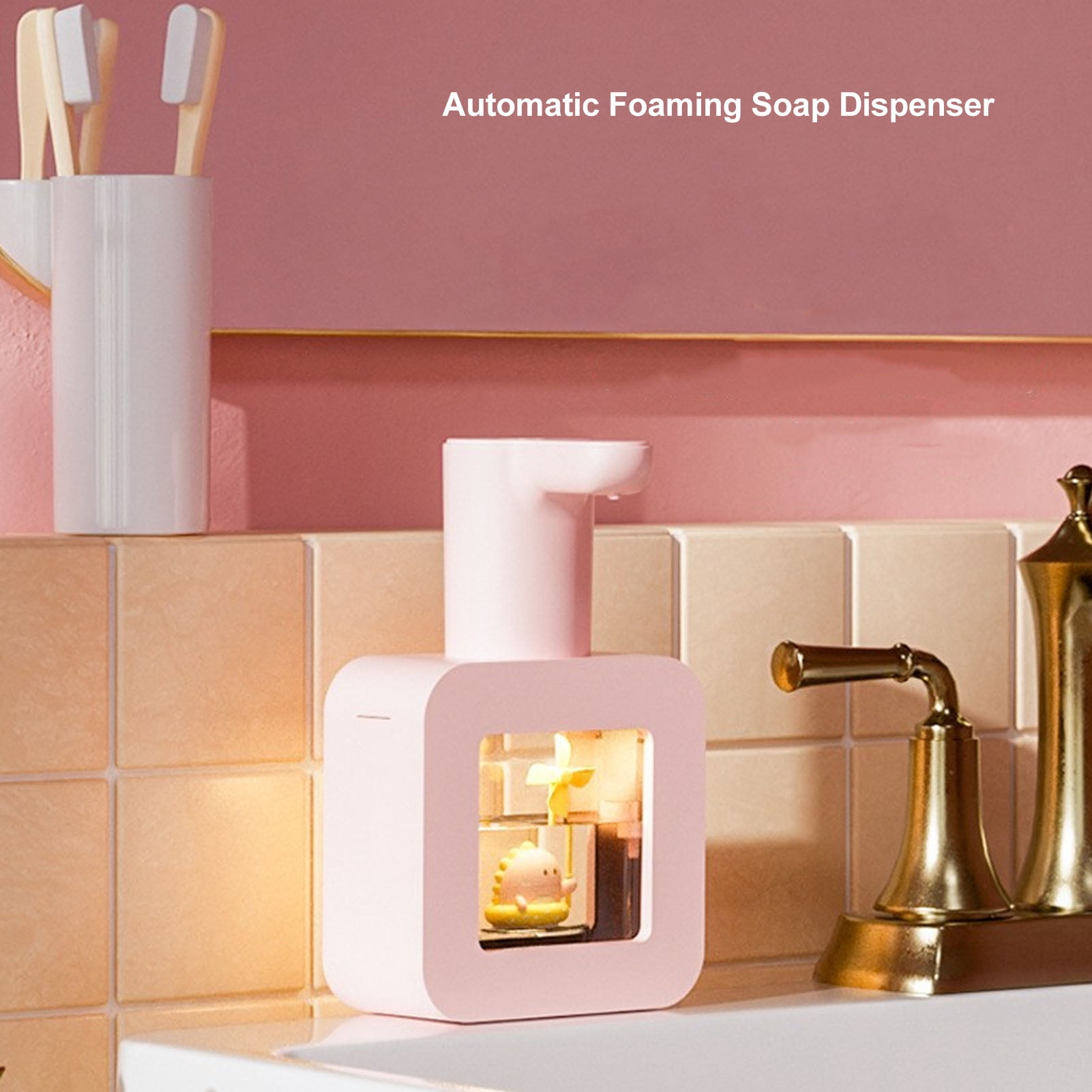 Suodoka Touchless Automatic Foaming Soap Dispenser Motion Sensor 3 Levels Adjustable Wall Mounted & Countertop 1200mAh Rechargeable Hand Washer for Kitchen Bathroom Hotel, Pink (8.27in / 21cm)