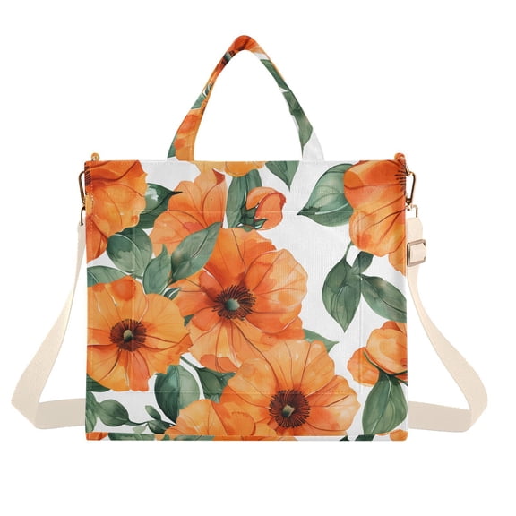 Flowers Orange Corduroy Tote Bag Handbag Large Messenger Bag Shoulder Crossbody Zipper Bag Purse