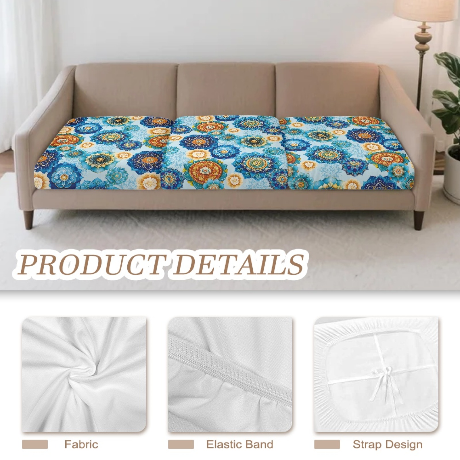 Xoenoiee Boho Mandala Flower Print 3-Piece Couch Cushion Covers, Stretch Sofa Seat Slipcovers with Non-Slip Elastic Bottom, Washable Furniture Protector for Living Room Outdoor Patio
