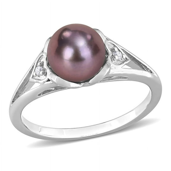 AMOUR 7-7.5mm Black Freshwater Cultured Pearl and Diamond Accent Heart Ring In Sterling Silver