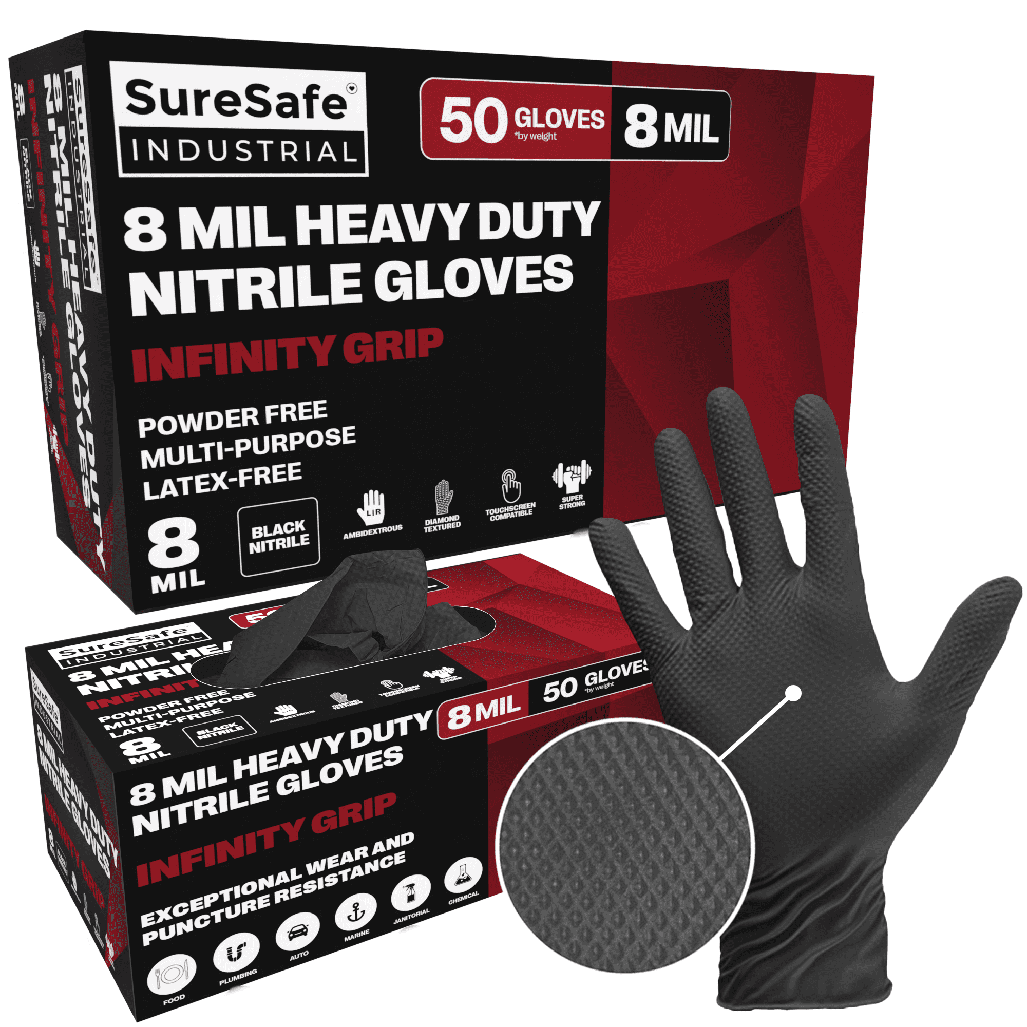 [50 pack] SureSafe Infinity Grip Nitrile Gloves, 8 Mil,&Nbsp;Black,&Nbsp;Large