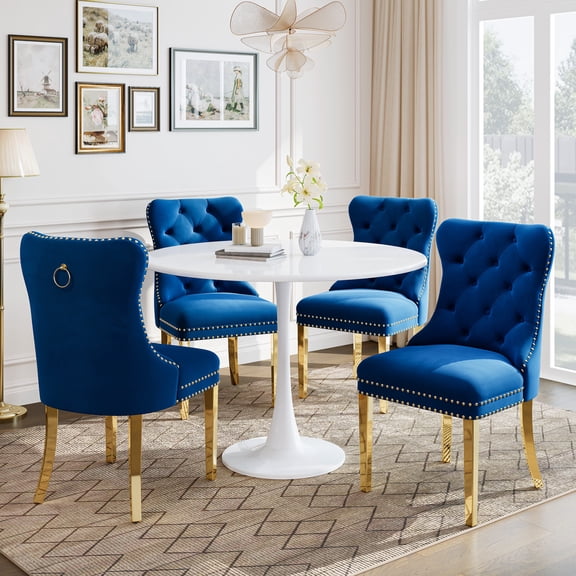 5-Piece 31.5" Round Dining Table Set, Mid-Century Modern All-Metal Kitchen Table with Velvet Nailhead Trim Chairs & Stainless Steel Legs, for 4, Small Spaces, Apartments, Living Room